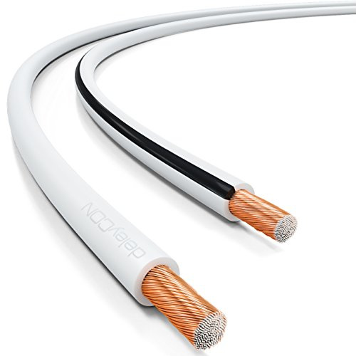 deleyCON 25m Cable pour Haut-Parleur 2x 4,0mm² CCA Aluminium Revêtu de Cuivre Brins 2x56x0,30mm Marque de Polarité - Blanc