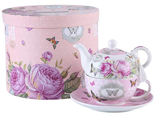 London Boutique Ensemble théière, tasse et soucoupe vintage en porcelaine pour 1 personne, motif floral avec rose et papillons, boîte-cadeau incluse