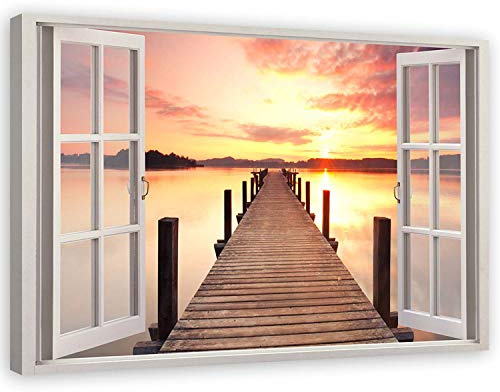 Feeby Bild auf Leinwand - Wandbilder Wohnzimmer Aesthetic - Sonnenuntergang Steg - 120x80 cm XXL 1tlg - Schlafzimmer Wandekoration - Bilder Zimmer - Living Room - Deko Wandbilder - Moderne Bild