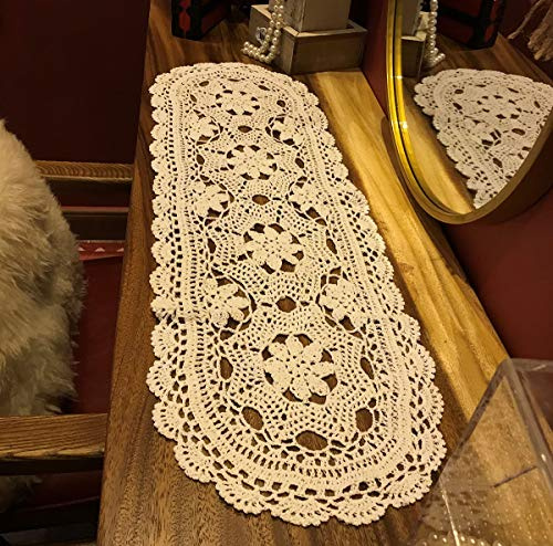 Janef Chemin de Table Beige en Crochet Fait à la Main en Coton et Dentelle napperon Ovale 30,5 x 89,1 cm.