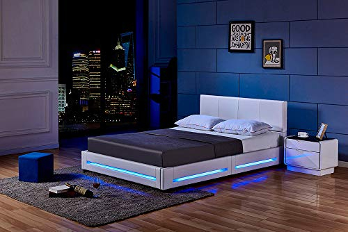 Home Deluxe - LED Bett Asteroid - Weiß, 160 x 200 cm - Inkl. Matratze und Lattenrost I Polsterbett Design Bett inkl. Beleuchtung