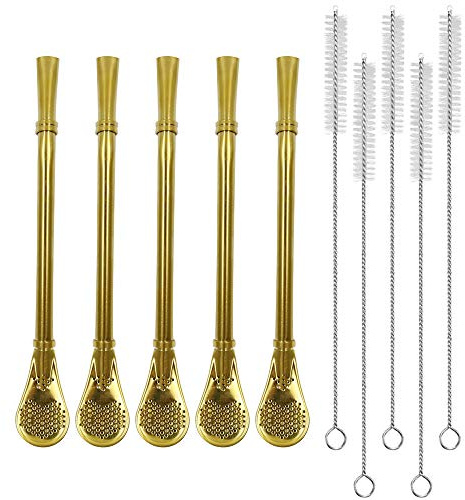 Stainless Steel Straw Filter Spoon, Yerba Mate Bombilla, Loose Leaf Tea Strainer, Tea Straw for Drinking Coffee, Cocktail, Pack of 5 with Cleaning Brush (5 Gold)