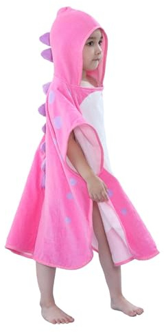 LOLANTA Children's Bath Towels with Hooded Dinosaur, Boys Beach Towel Pool Poncho Swim Cover-Ups 100% Cotton (Pink#A-New,4-6 Years)