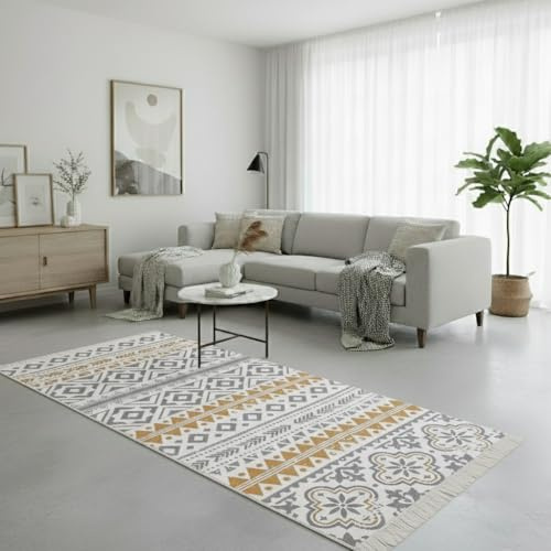 Fashion4Home Teppich Läufer - Tepiche für Wohnzimmer, Schlafzimmer, Küche, Kinderzimmer, Badezimmer - Boho Kelim - Läufer Flur, Ceramic-Hellgrau-Gold, Größe: 80x150 cm