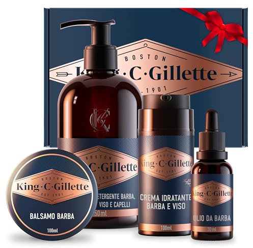 King C. Gillette Komplettes Geschenk-Set, vorherige Verpackung, Gesichtsreiniger für Herren, Bartbalsam, Öl und Feuchtigkeitscreme für Bart und Gesicht, blau, Geschenkidee