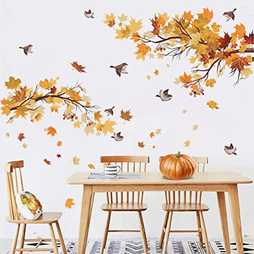 TOARTi Autumn Leaves Wall Stickers for Living Room, Fall Season Maple Yellow Leaves Wall Decals,Thanksgiving Birds Autumn Tree Branch Leaf for Bedroom Window Decoration(36 pcs)