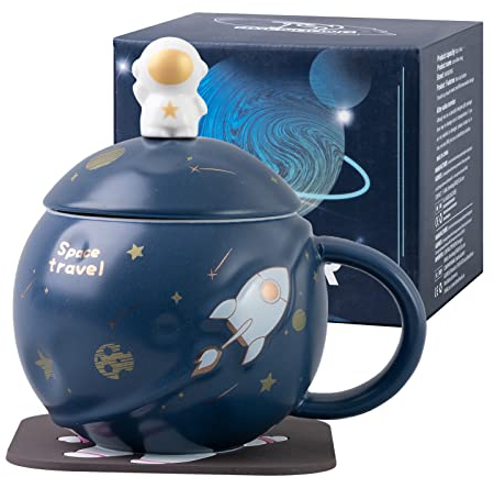 SHENDONG Kawaii Astronautenbecher Raumgeprägter Planet Becher,Süße Keramikkaffeetasse,Neuheit Morgenbecher mit Deckellöffel und Untersetzer für Kaffee,Tee,Milch,Space Becher für Mädchen Freunde Blau