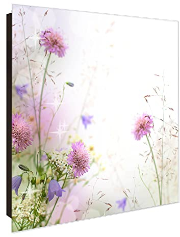 banjado Großer Schlüsselkasten Glas - Schlüsselbox 30x30cm mit 50 Haken - Schlüsselkasten modern für Schlüsselaufbewahrung mit beschreibbarer, magnetischer Glastür - Motiv Wiese Blumen