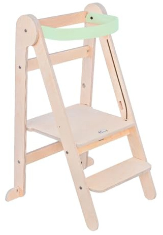 Mamatoyz Fold Mint Montessori-Lernturm, Faltbarer Mehrzweck-Lernturm aus natürlichem Birkenholz mit 2 einstellbaren Höhen, Keine scharfen Kanten, mit abgerundeten Kanten