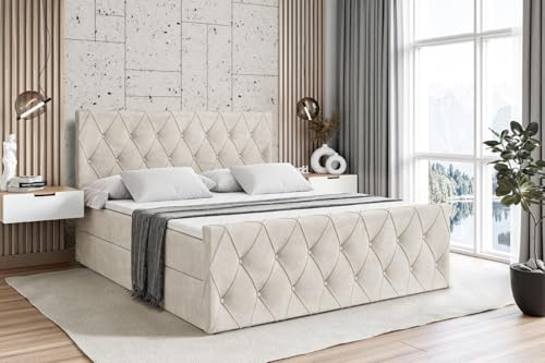 ALTDECOR Boxspringbett mit Matratze und Lattenrost, Boxbett, Fußteil, Topper, Polsterbett mit Bettkasten, Bett mit Stauraum H3-Matratze, Doppelbett, Springboxbett - Amay - 160x200 Beige Samt