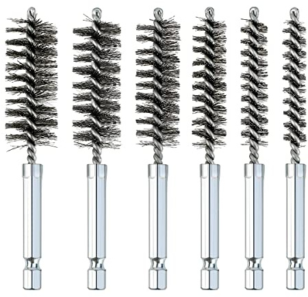 6 Pcs Stainless Steel Bore Brush Set with 1/4 Hex Shank Twisted Wire Bristles, Different Sizes (8, 10, 12, 15, 17, 19mm) for Rust and Tube Cleaning