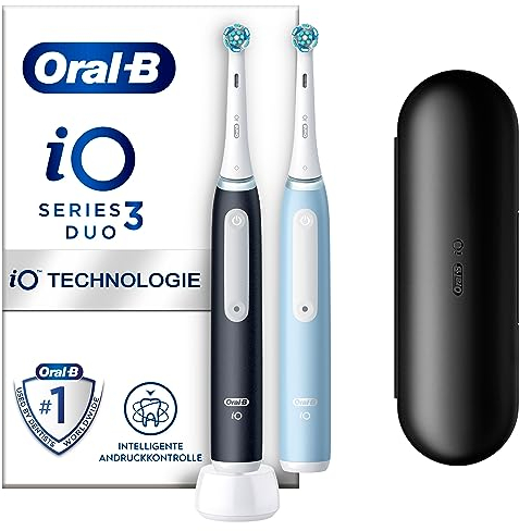 Oral-B Spazzolino Elettrico Ricaricabile iO 3 Nero e Blu, 2 Testine Di Ricambio, Custodia Da Viaggio, 2 Spazzolino Elettrico Oral B, Confezione Doppia, Sensore di Pressione