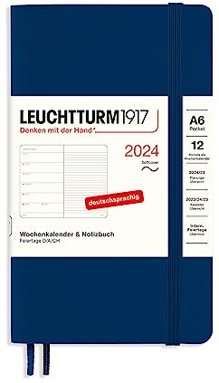 LEUCHTTURM1917 367793 Wochenkalender & Notizbuch Pocket (A6) 2024, Softcover, Marine, Deutsch, 12 Monate