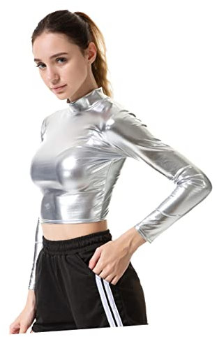 Holibanna Einfarbiges Lackleder-Bustier Langärmlig Damenbekleidung Performance-Kleid Cosplay-Outfit Nachtclub-kostüm Bühnenoberteil Schimmerndes Design