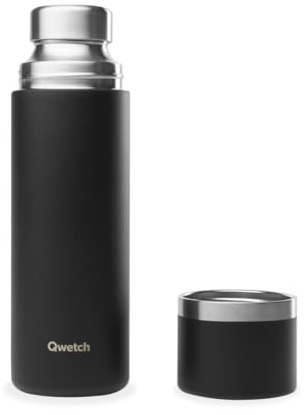 Qwetch - Thermo Isotherme Noir 750ml - Thermo avec Gobelet Inox Recyclé - 24h Froid et 12h Chaud - Etanche & Idéale pour Café et Thé
