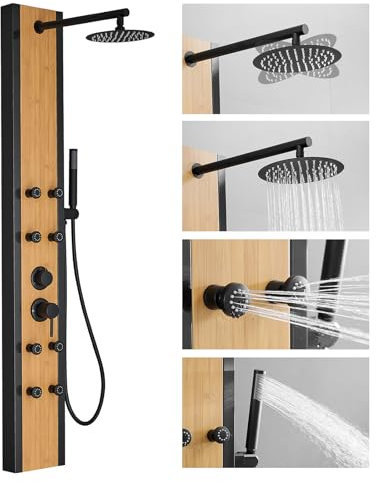BATHLAVISH Shower Panel Tower System with Rainfall Shower Head, Wooden-style 304 Stainless Steel Shower Panels with 8 Body Massage Jets,Handheld for Home Hotel Bathroom Lavatory