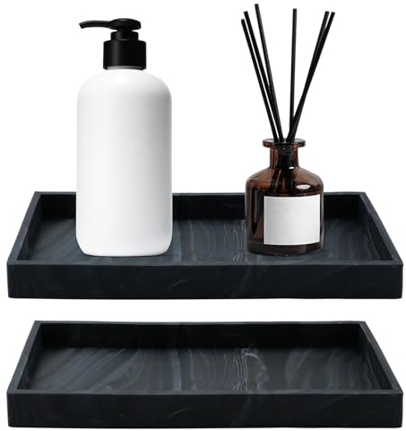 Aupawdy 2 Stück Rechteckig Badezimmertablett aus Kunstharz, Silikon Badezimmer Tablett, Aufbewahrungstablett, für Seife, Küchenspüle, Badezimmer, Arbeitsplatte, Toilette, Marmor Schwarz, 22x 11 cm