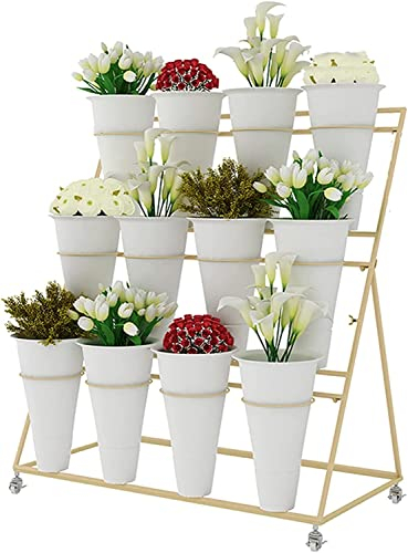 SHJDBF Blumenständer mit Blumeneimern – 3-stöckiger Metall-Pflanzenständer mit Rädern, bewegliches Pflanzenregal, großes Fassungsvermögen, Blumenregal für Garten, Balkon, Florist