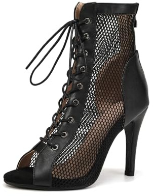 SWDZM Botas de Baile Latino Mujer Zapatos Punta Abierta Botines de Baile con Tacón Alto Salsa y Bachata de Salon,Negro,Tacón 9.5cm,Suela de Goma,36 EU