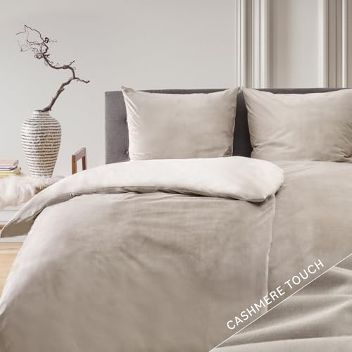 Blumtal Winterbettwäsche 135x200 cm, 4-teiliges 2er-Set – Cashmere-Touch Plüsch aus Flauschiger Mikrofaser, Oeko-TEX Zertifiziert, 2 Deckenbezüge + 2 Kissenbezüge 80x80 cm – Taupe/Beige