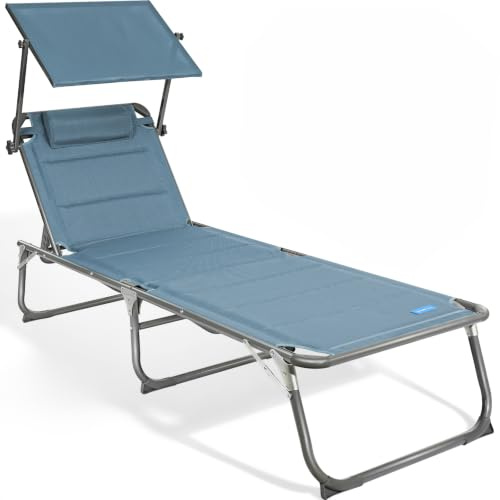 Homecall Solstol, hopfällbar trädgårdsstol med tak, nackstöd, 5-vägs justerbart ryggstöd, strandstol, bärbar liggstol upp till 180 kg för trädgård, utomhus, balkong, camping – XXL (blå)