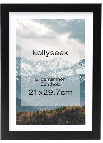 kollyseek Bilderrahmen DIN A4 Schwarz 21x29.7cm Echtholz mit Passepartout Pine Holz Rahmen pictureframe
