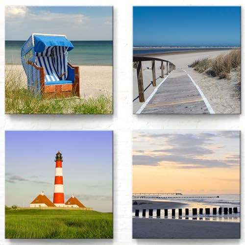 BilderKing Ostsee Nordsee - Wandbilder Set B - 30cm x 30cm, 4er Set Leinwand auf Fertigrahmen + Aufhänger