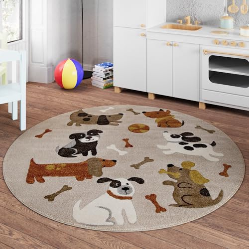 Smart Kids Rocky & Friends Kinderteppich, 120 cm rund, Sand beige meliert | gewebter Kinderteppich, Spannende Abenteuer mit fröhlichen Hunde Motiven