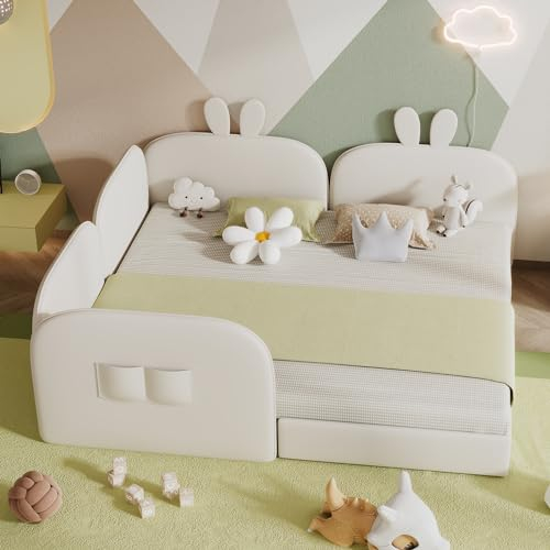Kaninchen Kopfteil Polsterbett 90 x 200cm&180 x 200cm, Kinderbett, 2 Einzelbetten mit gepolsterter Gehäuse, Doppelbett, Samt, Beige