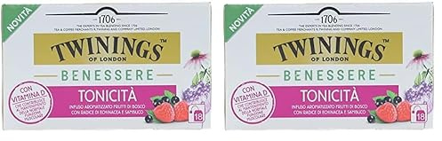 Twinings, Benessere Tonicità, Infuso Aromatizzato ai Frutti di Bosco con Radice di Echinacea e Sambuco, con Vitamina D, Senza Caffeina, Confezione da 36 Filtri