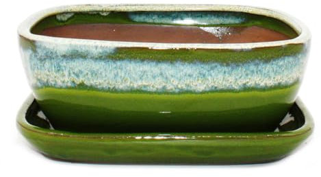 Bonsai-Schale mit Unterteller Gr. 3 - Grün-Beige - rechteckig - Modell GB5 - L 21,5cm - B 17cm - H 8 cm