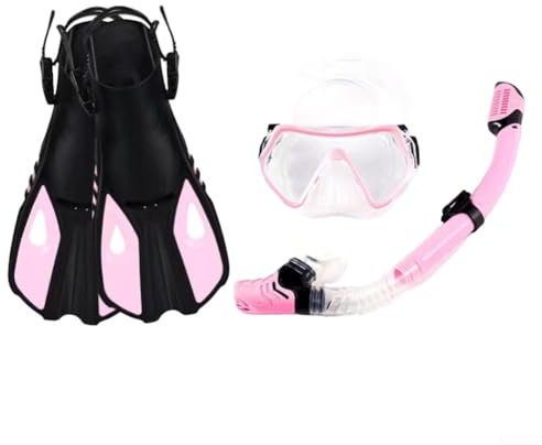 Jotekonoby Schnorchelset Erwachsene mit Schwimmflossen, Tauchset mit Schnorchelmaske, Trockenschnorchel, verstellbare Schwimmflossen, Schnorchelpakete Tauchen Schnorchelmaske Flossen (S/M Rosa)