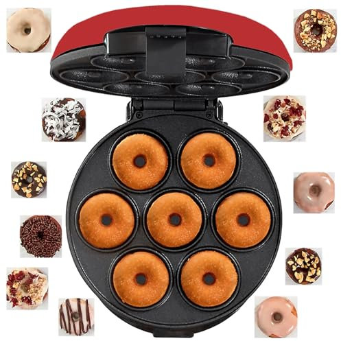Mini Donut Maker Non Stick 7-Hole Electric Doughnut Maker with Electric Non-stick Surface Unique Thermostatic Design Makes 7 Desserts for Holiday Breakfast or Snack Desserts and More pink