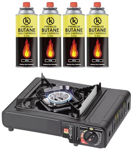 KROWN - Cocina Portatil de Gas Butano 227g, 4 Cartuchos K-250 de Gas Incluidos para Camping, Bombonas K-250