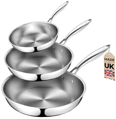 KoolShiro 3PCS Stainless Steel Frying Pan, Frying Pan for Searing & Sauteing, 3 Ply Stainless Steel Cookware for Durability & Even Heating, Compatible with All Cooktops Up to 600℉