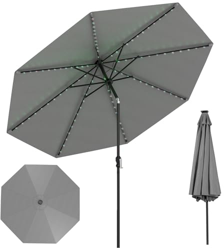 RELAX4LIFE Parasol Inclinable 3M avec LED Solaire, Parasol de Jardin Extérieur LED 3M, Inclinaison à 35°, 96 Lumières, 8 Baleines, Montage Facile, Protection Solaire pour Jardin Plage Piscine (Gris)