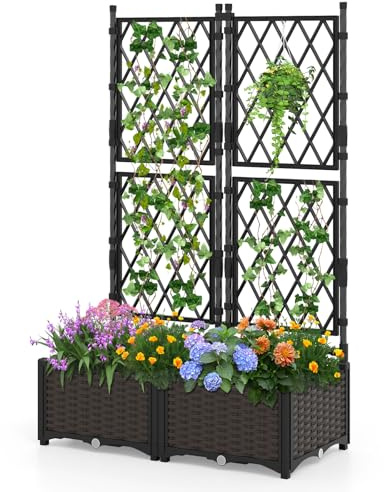 RELAX4LIFE Jardinière Treillis avec Réservoir Auto-Arrosage | Bac à Fleurs avec Treillis, Trous de Drainage, Jardinière Extérieure Plastique pour Plantes Grimpantes, Légumes, Fleurs, Noir