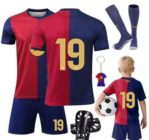 Ronronner Ensemble de Maillot de Football pour Garçons N° 19, Maillot de Football Enfant Garçon, Chaussettes & Protège-tibias - Équipement de Football et d'Entraînement pour Enfants, 28