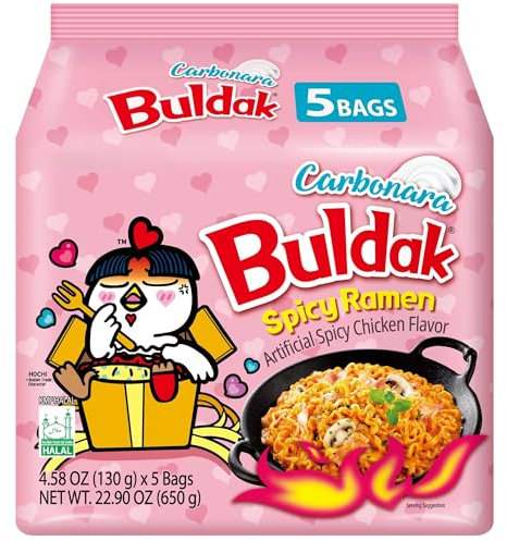 Buldak Noodles Carbonara Hot Chicken Flavor Ramen 5 Pack - Ramen Instant Noodles Excellent for Snack and Soups