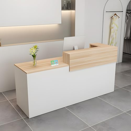 CCUKTFN Mostrador Recepción Moderno en MDF, 100 a 180 cm Mueble de Oficina con Cajón y Estantes Abiertos, Ideal para Tiendas, Salones, Consultorios y Recepciones Blanco+Madera/Derecha 110x100x60cm