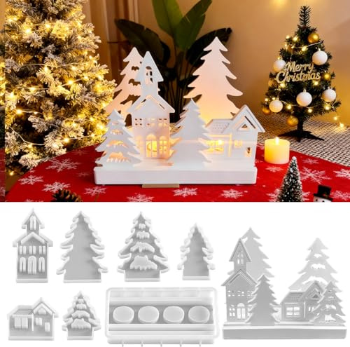 Silikonformen Gießformen Weihnachten 7 Stück, Haus Silikonform Tannenbaum Gießform, Weihnachten Kerzenhalter Giessformen, Gussformen für Gips, Epoxidharz Formen für DIY Duftkerzenherstellung