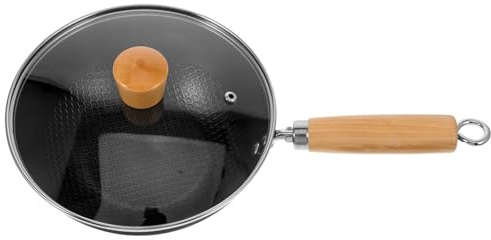 CONGARTENO Wok de Fondo Redondo Antiadherente 20 Cm Hierro con Tapa de Vidrio para Cocina de Inducción y Estufa de Gas Utensilios de Cocina Hogar 1 Set