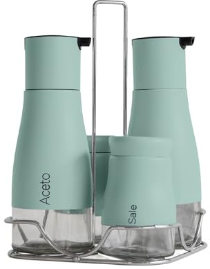 Set Condimento 4 Pezzi Olio Aceto Sale Pepe Vetro Acciaio Certificato Per Alimenti Organizzatore Acciaio Inox Con Stand In Metallo Condimenti Tavola Oliera Saliera Dispenser Tavola Organizer - Salvia