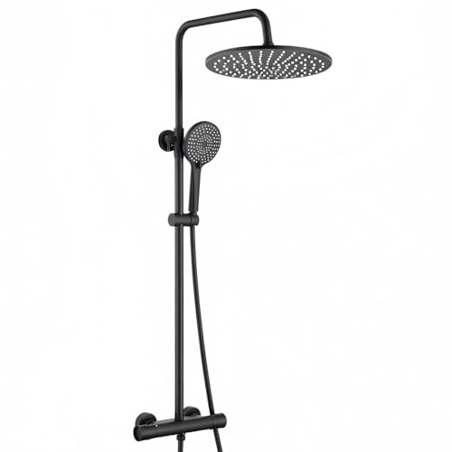 Auralum Colonna Doccia con Miscelatore Termostaticoe e Soffione Doccia 25 * 25cm, Colonna Doccia Nera Altezza Regolabile 102-125cm, Asta Doccia con Soffione e Doccetta e Miscelatore Doccia Esterno