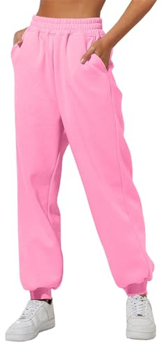Pantalones deportivos con forro polar para mujer, pierna ancha y recta, pantalones de chándal para entrenamiento, cintura alta, yoga, con bolsillos, rosa, L