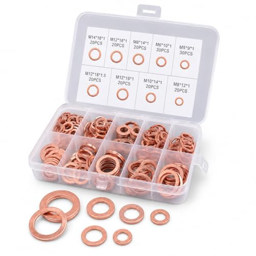 VOBOR 200 Pcs Arandelas de Cobre, 9 Tamaños M5, M6, M8, M10, M12, M14, Arandela Carter Aceite, Accesorios Hidráulicos para Tapones de Sumideros Agua Combustible