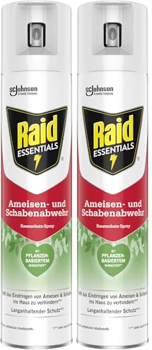 Raid Essentials Ameisen und Schabenabwehr Raumschutz-Spray, wirksamer Schutz im Innenbereich, schnelle Wirkung, für Türöffnungen und Fußleisten, 300 ml Sprayflasche (Packung mit 2)