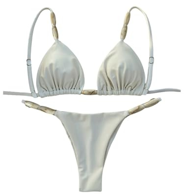 MakeMeChic Women's Beach Vacation 2 Piece Bikini Sets Thong String Bathing Suit Spaghetti Strap Ruched Low Rise Swimsuit Beige Small