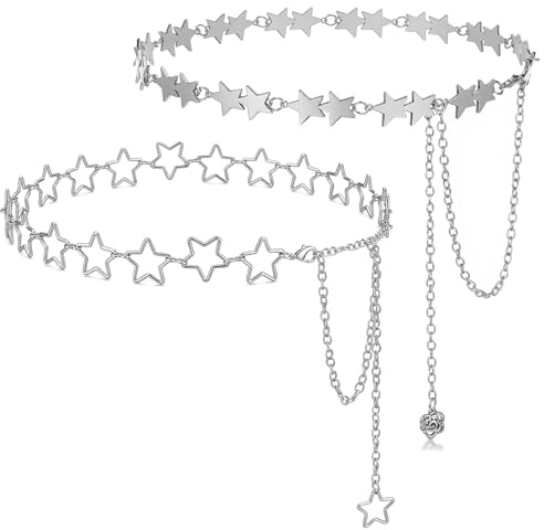 Nogeqi 2 Stück Bauchkette Silber Stern Kettengürtel Einstellbare Taillengürtel Metall Kettengürtel Gürtel Silber Taille Für Kleid Jeans Damen Waist Chain