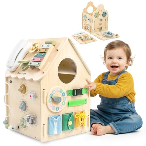mamabrum Montessori Aktivitätshaus 6 in 1 aus Holz, Großer Motorikwürfel mit Lernspielzeug, Busy Board mit Musik- und Sensorikelementen für Kinder, Aktivitätsspielzeug mit 6 Spielseiten